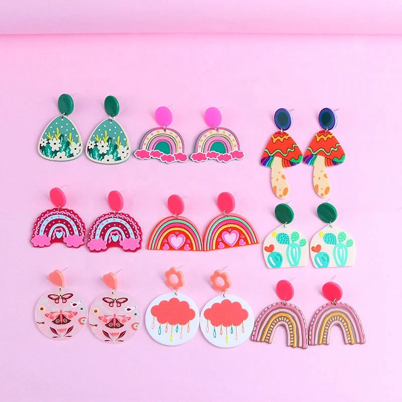 Simple Fashion Personality Laser Cut Geometric Earrings Jewelry Acrylic Print Rainbow Flower Mushroom Cloud Earrings