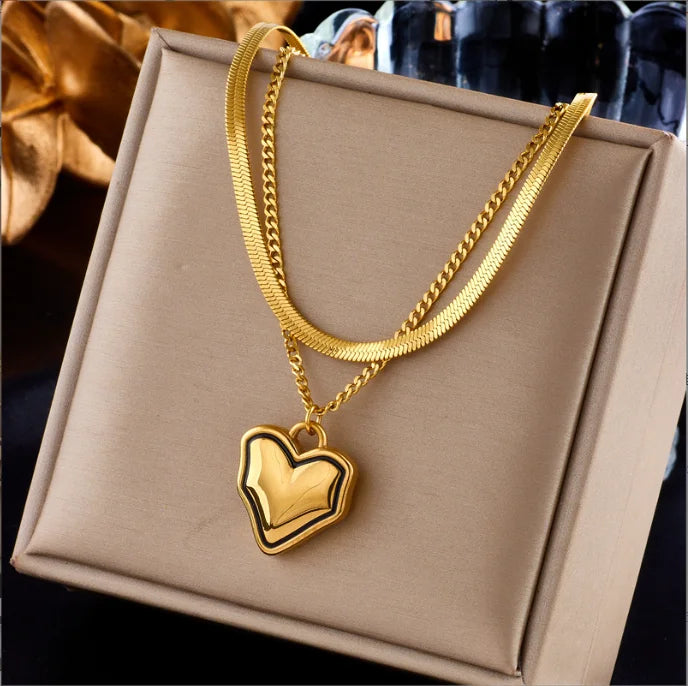 Stainless Steel Heart Love Pendant Necklace for Women Girl New Snake Bone Chain Waterproof Non-fading Jewelry Gift Wedding Party