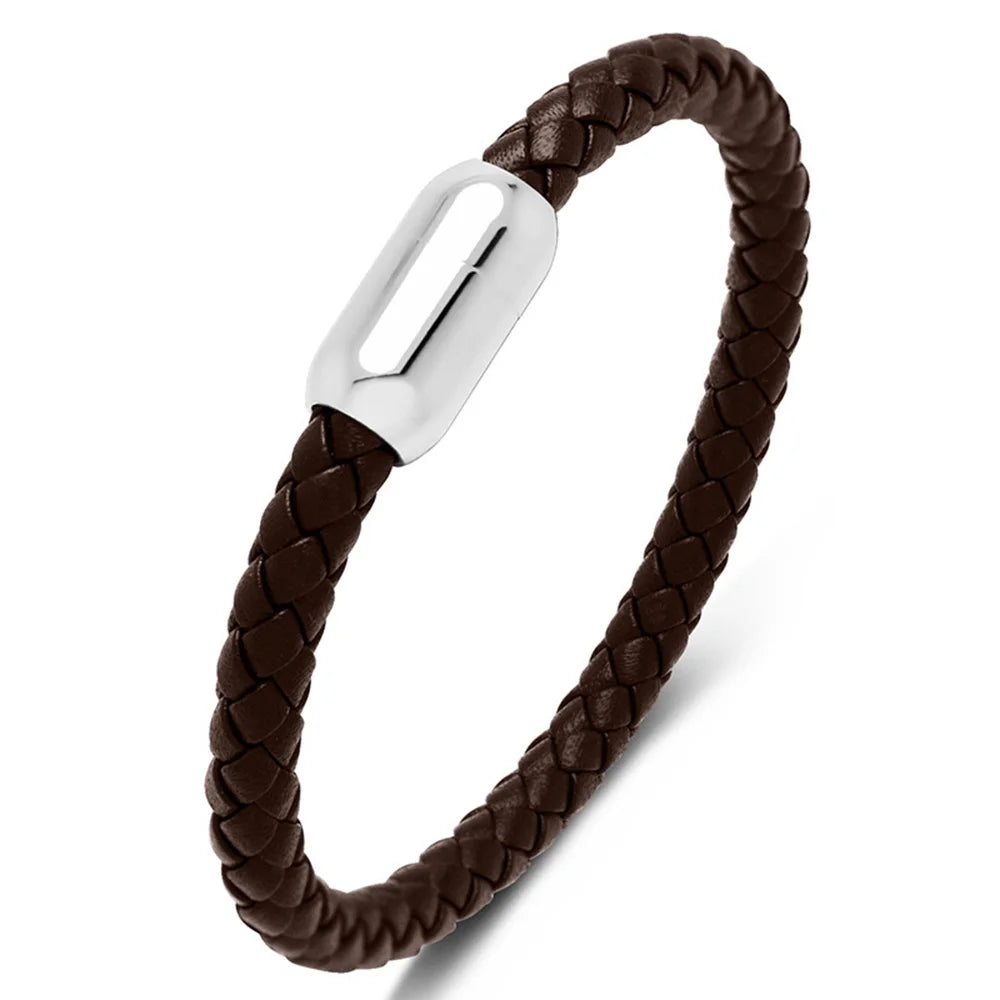 Wholesale Luxury Men's Jewelry Vintage Braided Stainless Steel Magnetic Clasp Black Snap Leather Bracelet Man