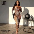 Liu Ming New Arrival 2024 Vintage Fashion Sexy Off Shoulder Long Sleeve Printed Slim Bodycon Maxi Dress