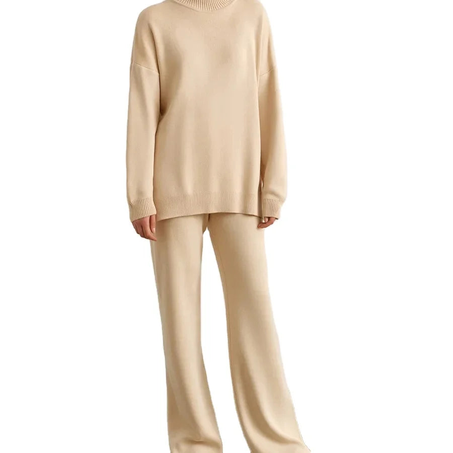 2024 European and American Autumn/Winter Fashion Casual Lazy Sweater Set Solid Color Knitted High Neck Split Sweater Set