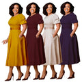 L35-B1 Customized Dress O-Neck Puff Sleeve A-line Ruched Ladies Office Dresses Women Formal Work Career Dresses With Belt