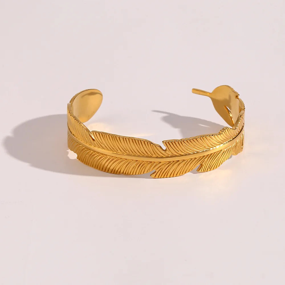 Hot Hyperbole Water Proof Large Open Bangles 18K Gold Plated None Tarnish Long Leaf Stainless Steel Cuff Bangles