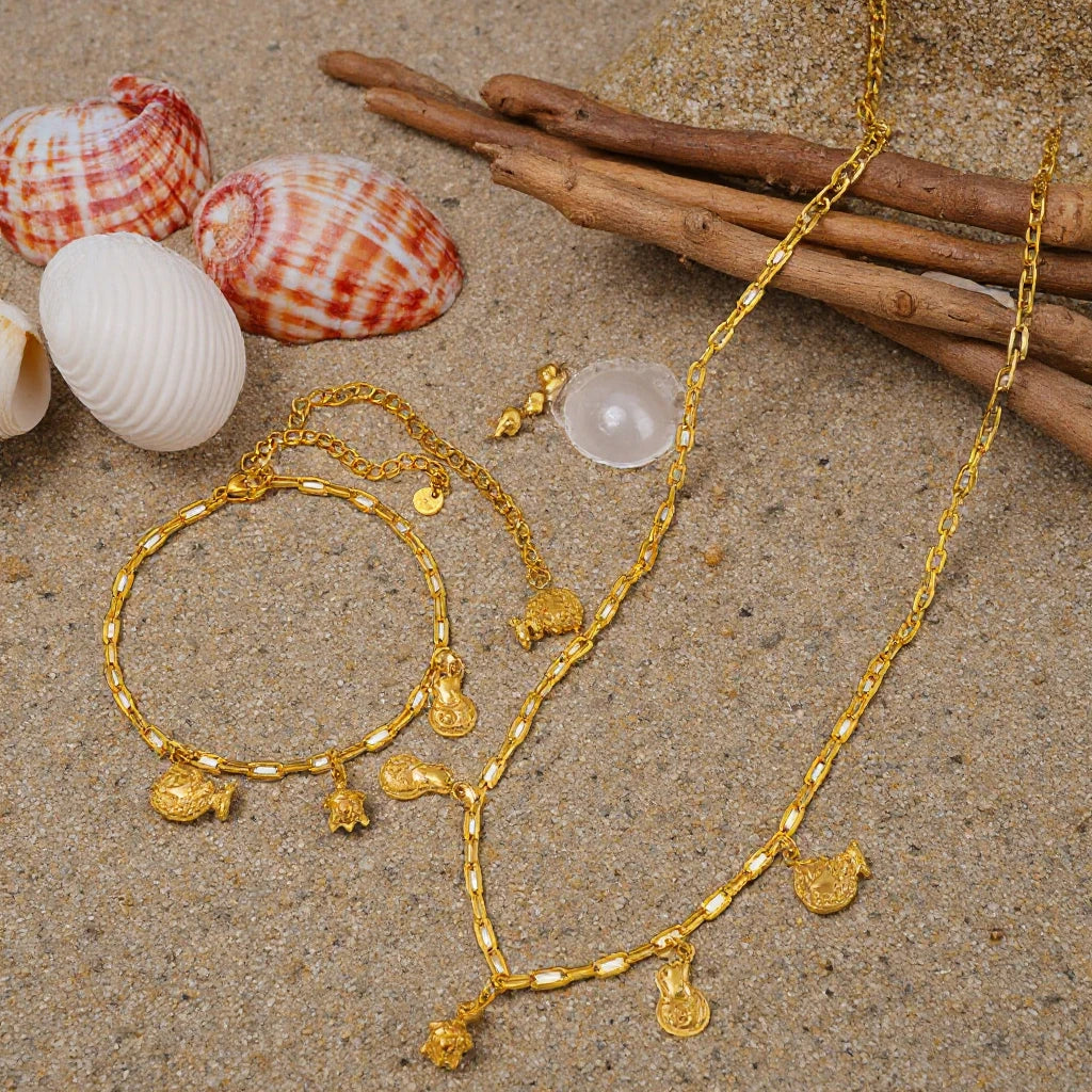 Wholesale Summer Stainless Steel Animal Charms Gold Plated Ocean Beach Flower Butterfly Necklace Bracelet Jewelry for Women Set