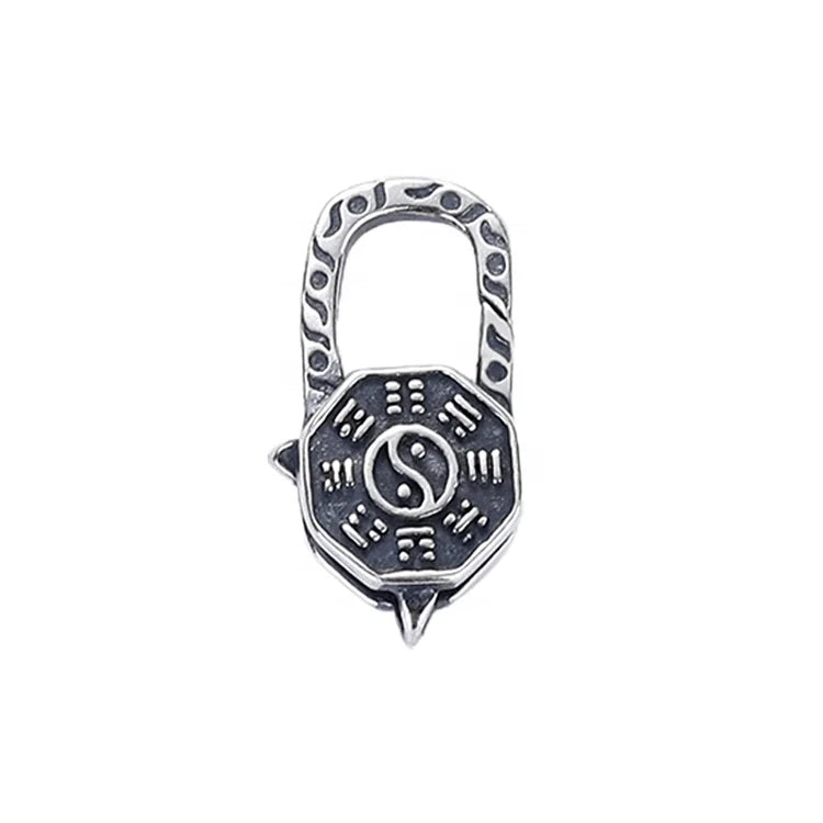 Traditional Chinese Ethnic Taijitu Lock Jewelry Yin and Yang Symbol Lobster Claw Clasps 925 Silver Patterned Clasp