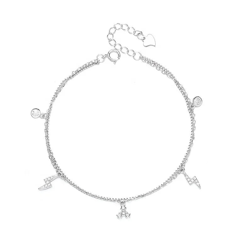 Yaeno Flash Charm and Star Pendant Bracelet in Sterling Silver 925 Link Chain Anklet