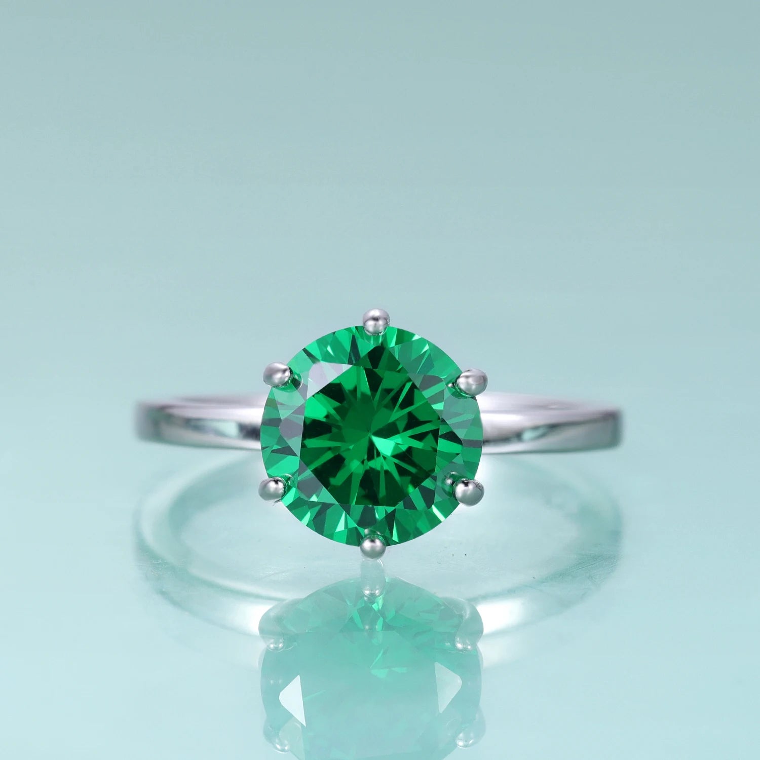 KH075 Classic 6 Prong Solitaire 9mm Dark Emerald CZ Gemstone Chunky 925 Sterling Silver Women Rings Wedding