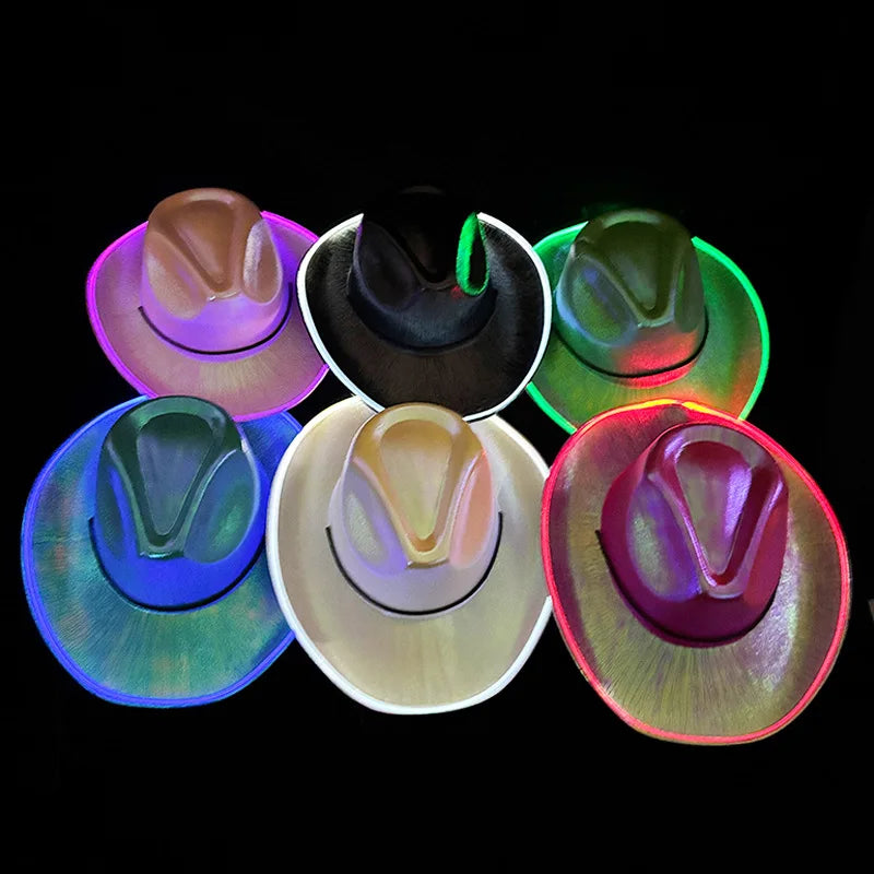 Lights LED  Neon Sparkly Glitter Space Cowboy Hat Fun Metallic Holographic Party Disco Cowgirl Hat