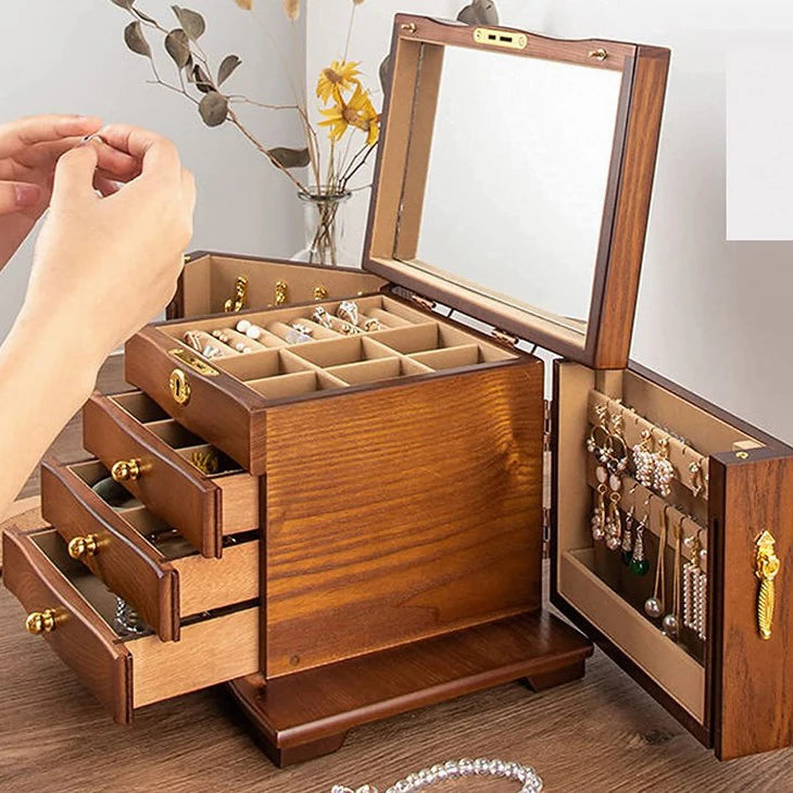 Hot Sale Solid Wood Jewelry Box Storage case Luxury Wedding Gift Retro Wooden Jewelry Organizer Large 4 Layer with Lock Mirror