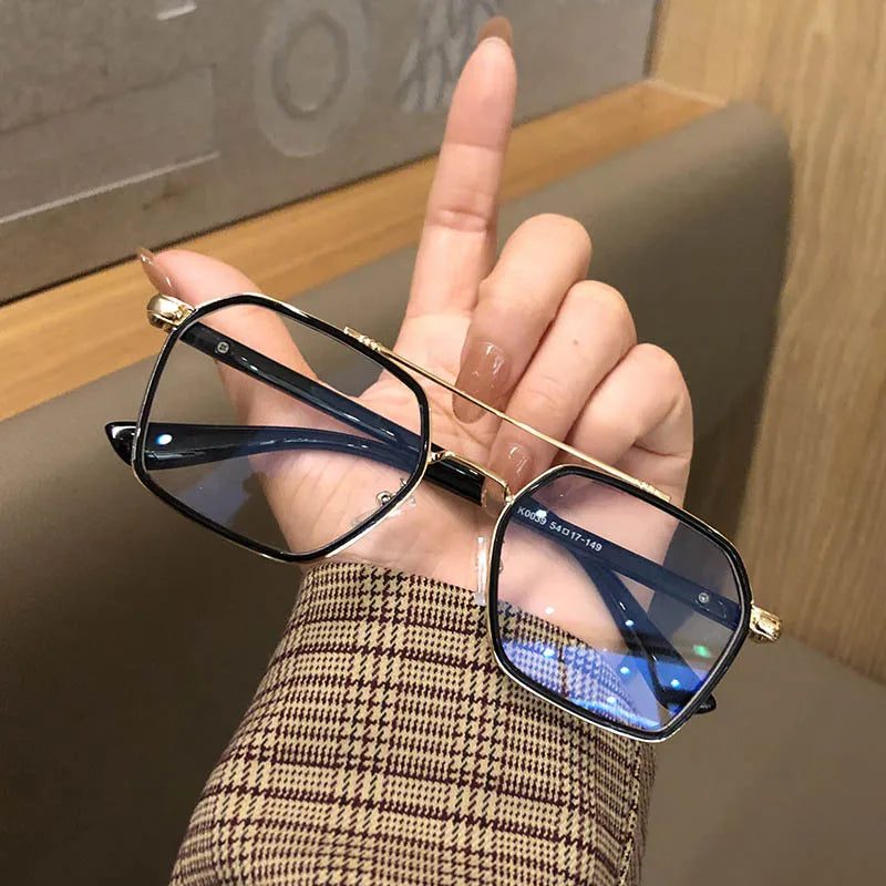 Fashion Square Style Pilot Eyeglasses Frame Blue Light Anti-Proof Computer Geek Glasses Lenses Alloy Frame AC Lens Material