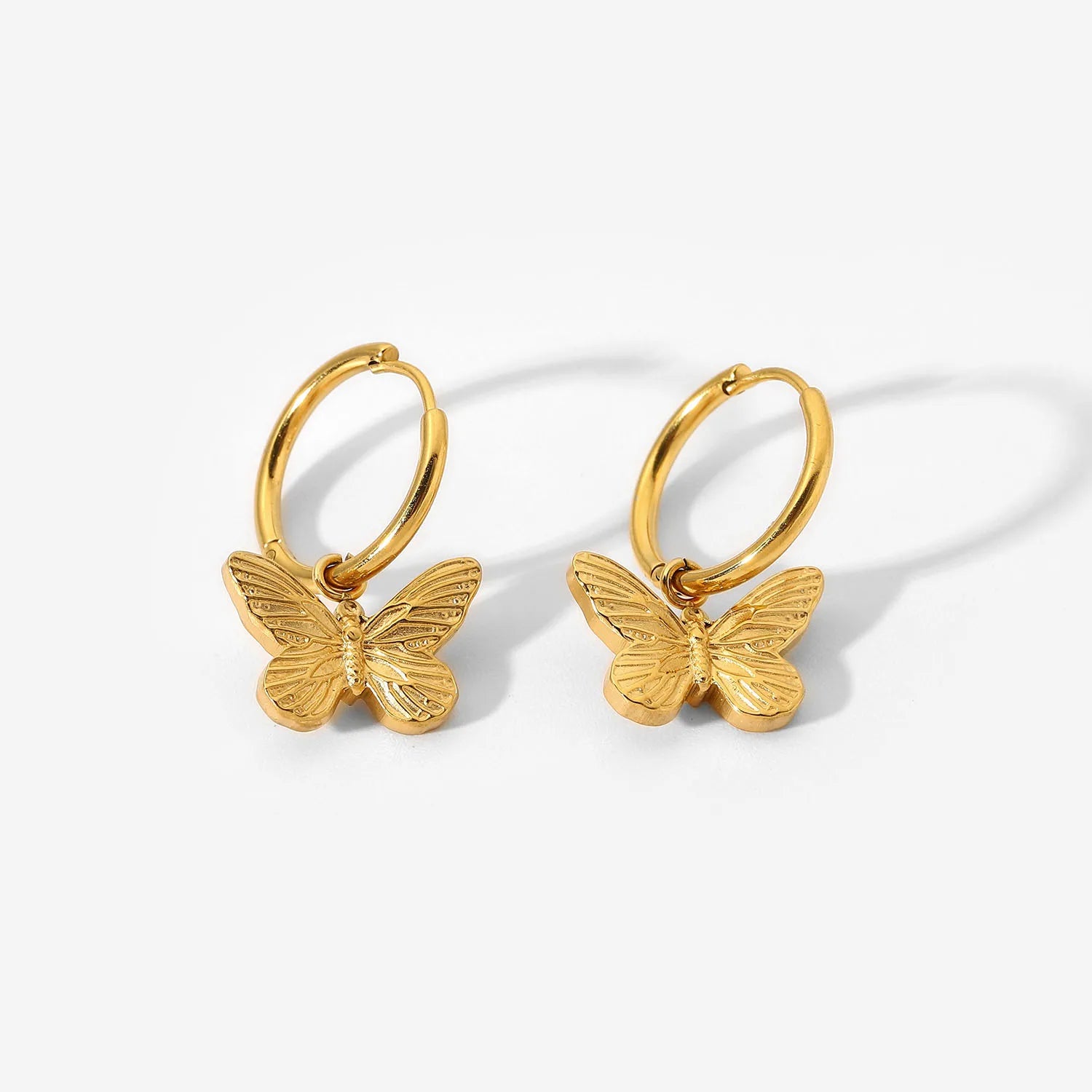 Gold Strip Texture Stainless Steel Jewelry Women Boho 18K PVD Plated Butterfly Hoop Earrings