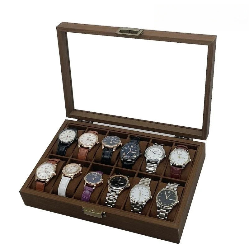 Brown Popular Design 12 Slot Retro Dark Walnut Wooden Watch Jewelry Organizer Box