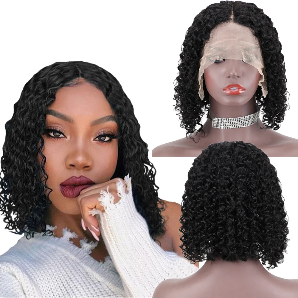 Middle Line Human Hair Wig Indian Natural Lace Frontal Wig Kinky Curly bob 16inch Length Simple Human Hair Wig