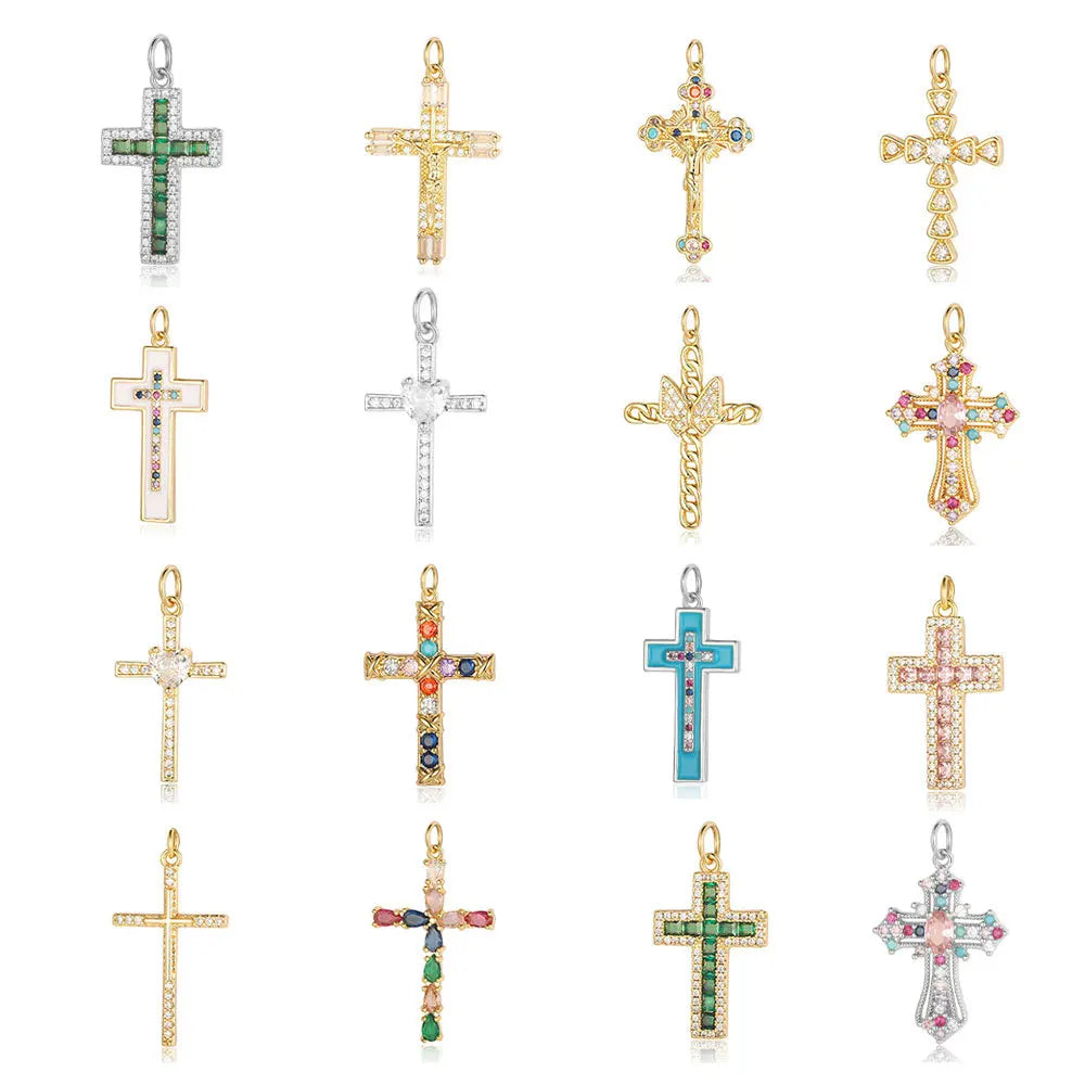 Factory Wholesale Charms for Jewelry Making Faith Cross Copper Zircon 18K Gold Plated Classic Style DIY Jewelry Accessories