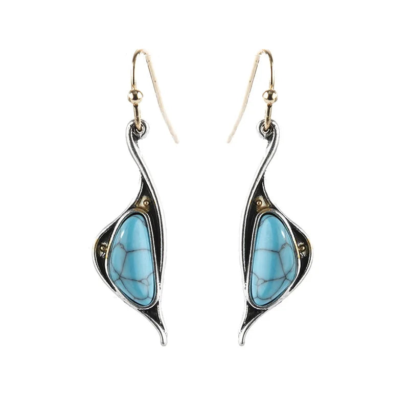 Rinhoo New Bohemian Vintage Earrings Alloy Antique Silver Swan Turquoise Retro Ear Hook Earrings