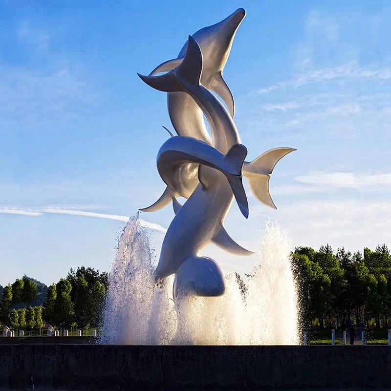 Large Stainless Steel Dolphin Water Fountain Sculpture Elegant Garden Ornament