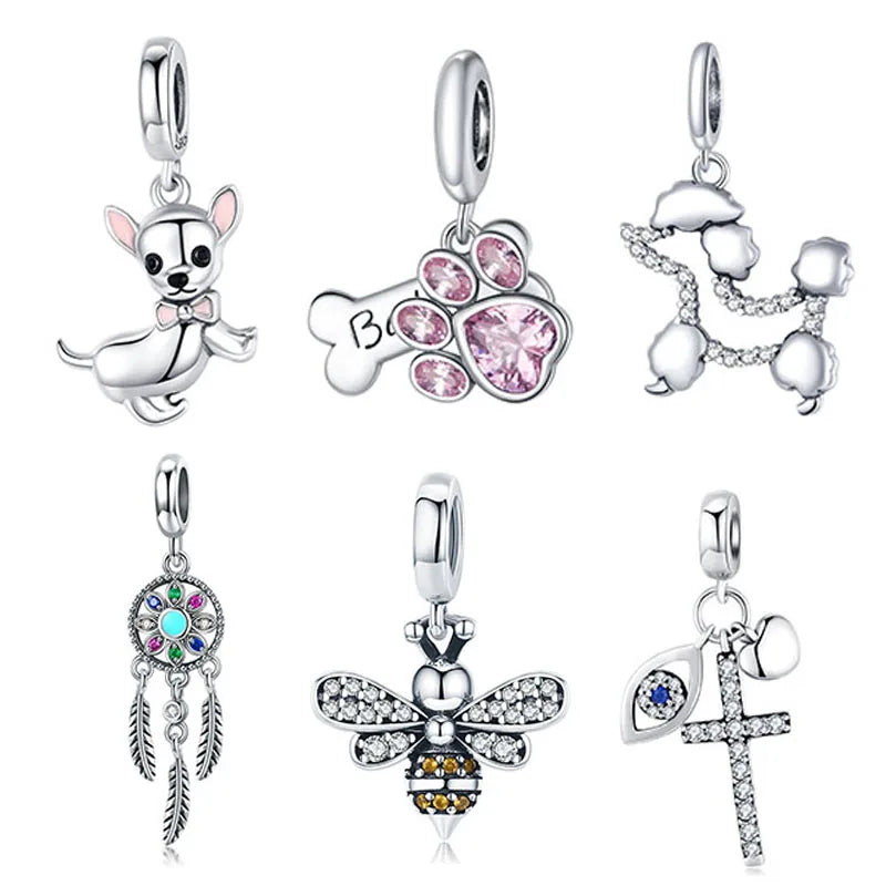 925 Sterling Silver Kawaii Animal Charm Pendant Dog Bee Unicorn Dreamcatcher CZ Bead Fit Bracelet Necklace DIY Jewelry Making