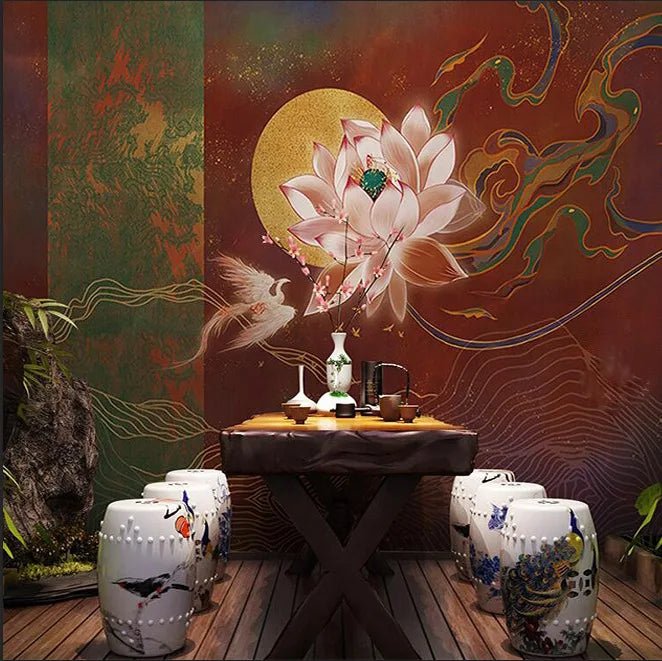 Lotus Zen Wallpaper Health Center Living Room Sofa Tea Room Background Wallpaper Classical Dunhuang Art Wall Covering