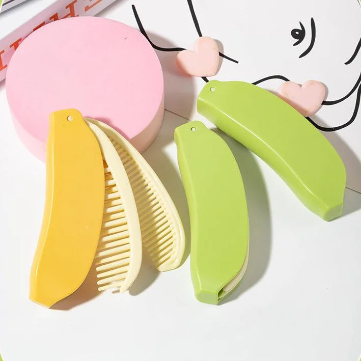 Banana Shaped Portable PC Handle Pocket Comb Kids Children's Hair Brush with Two Type Teeth Small Size for Travel Office