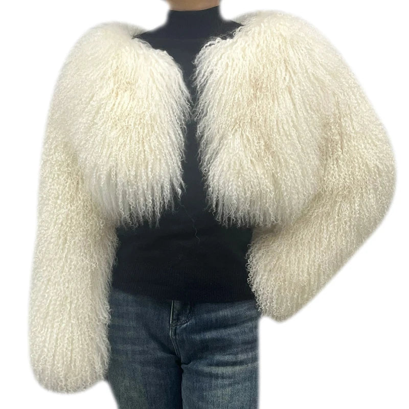 New Coming Crop Length Lamb Fur Coat Jacket Ladies Mongolian Fancy Fur Coat