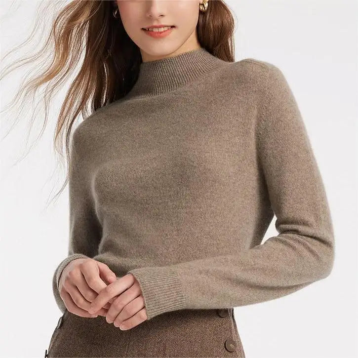 2026 Knitwear Supplier Custom Ladies Brown Soft Warm Fit Knitted Pullover Jumper Cashmere Mock Neck Women's Sweater