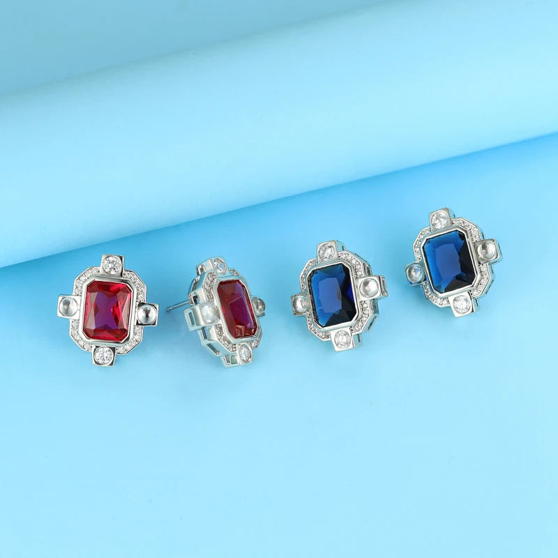 Kirin Wholesaler Red Square Cut Geometric Zircon Earrings 925 Silver 14K Gold Plated Rhodium Plated Green Gemstone Stud Earrings