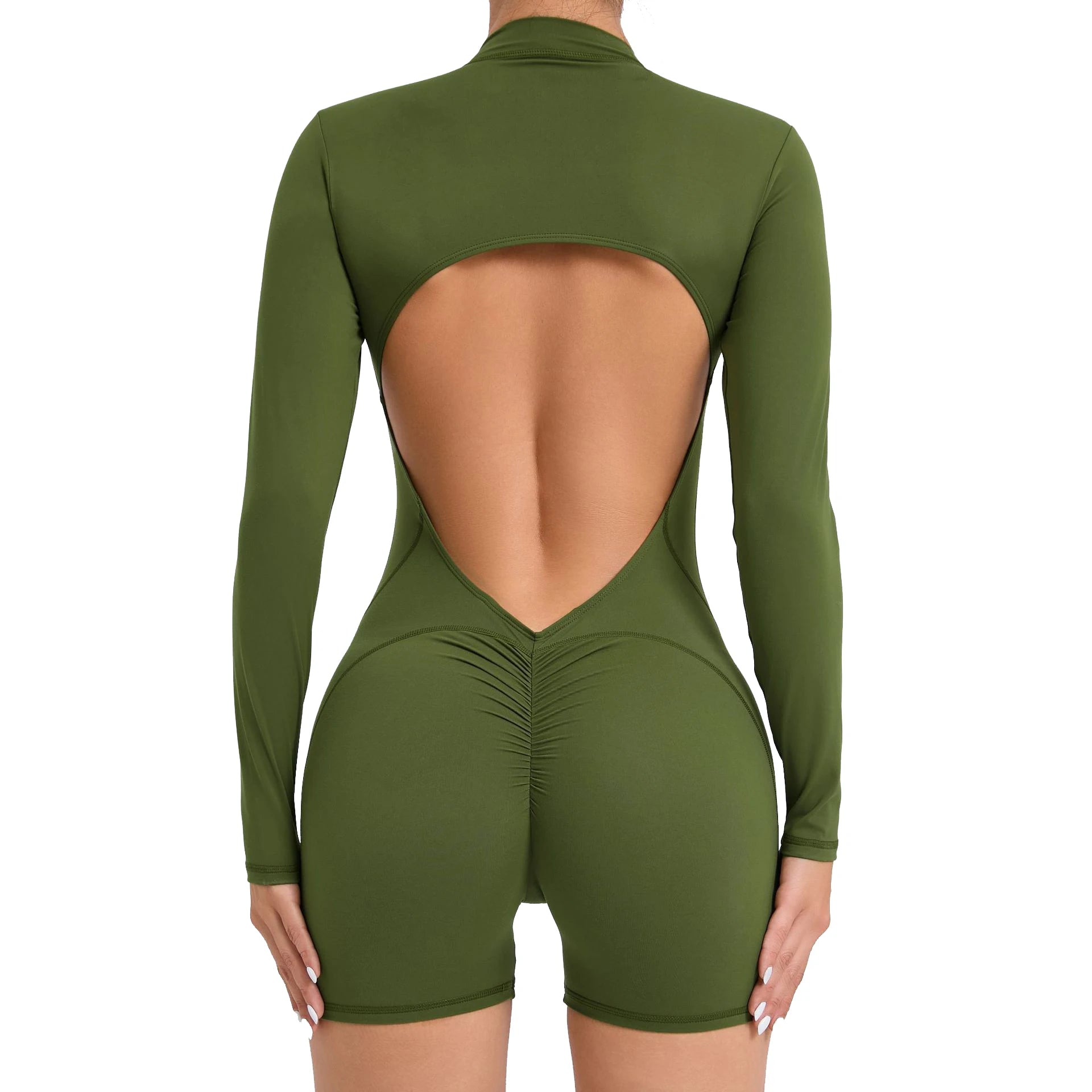 Women's Stretchy Long Sleeve Soft Quick Dry Yoga Bodysuit Front Zipper Open Back Scrunch Sports Jumpsuit