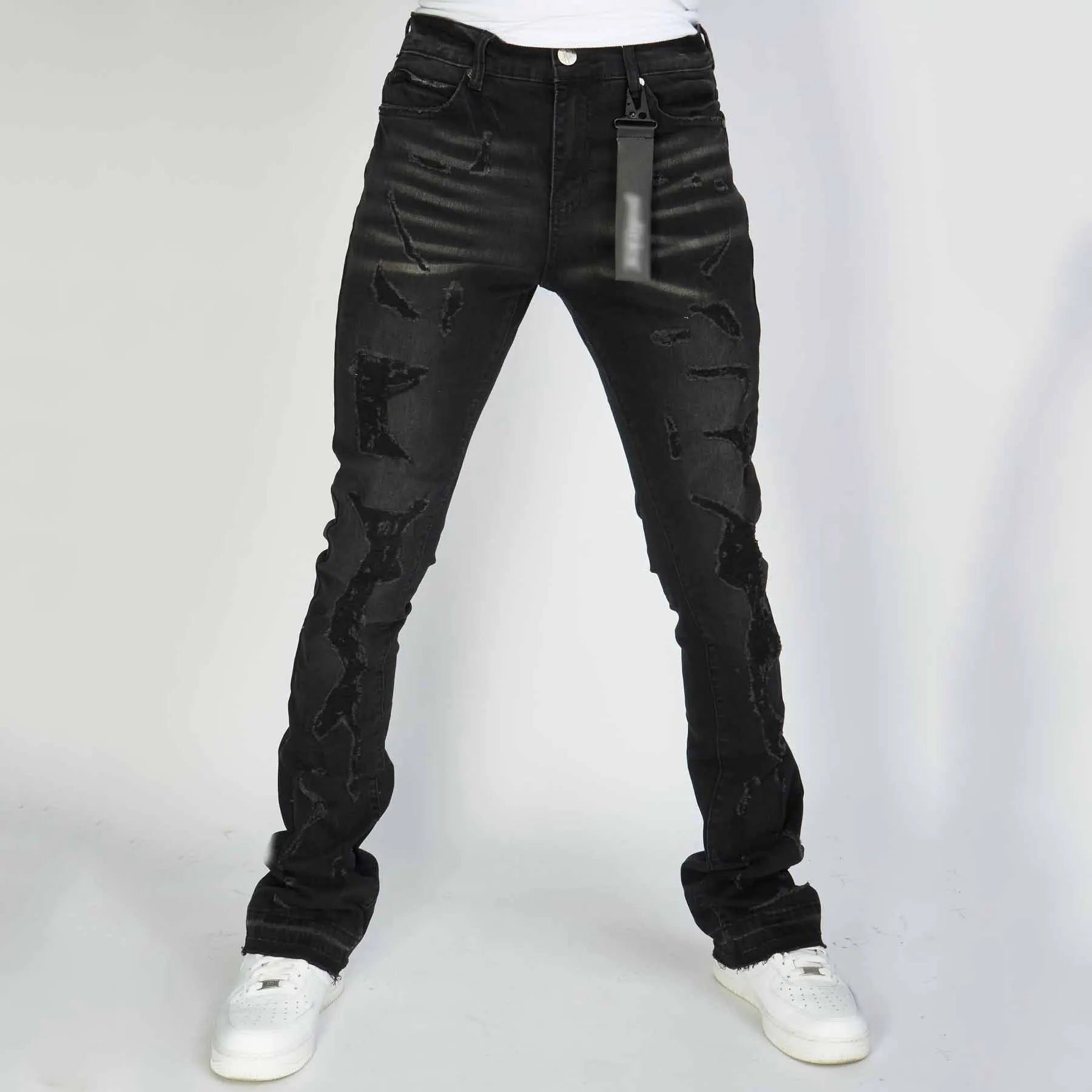 Men's Mid Waist Stretch Straight Jeans with Monkey Wash Vintage High Street Casual Style Black
