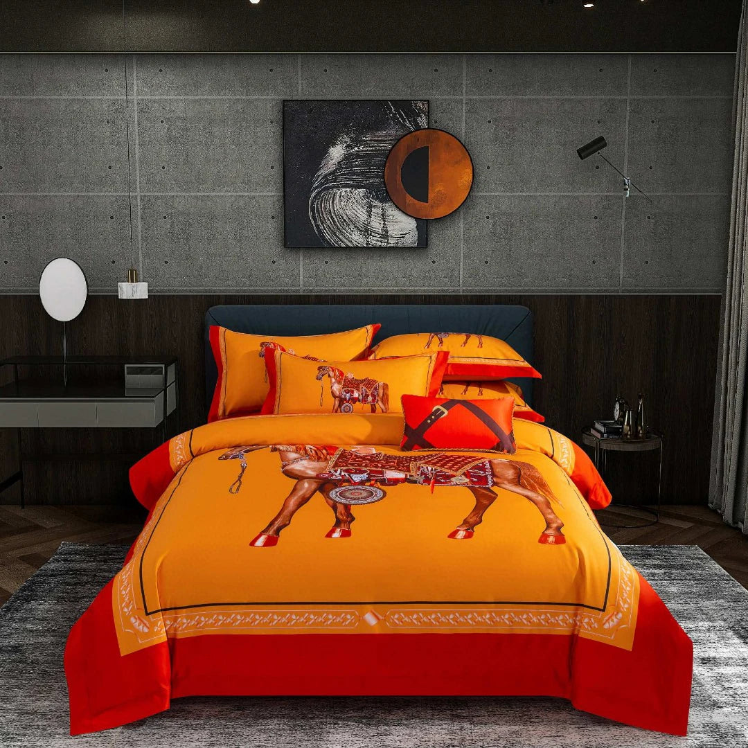 European Style 100% Cotton Four Piece Quilt Cover Orange Printed Duvet Cover Bedding Set Supplier