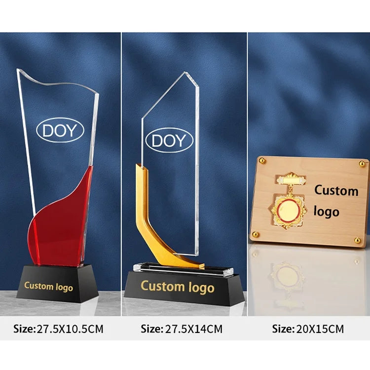 Business Gift Cup Award Supplier Custom Made Wooden Glass Medals Crystal Trophy With Logo