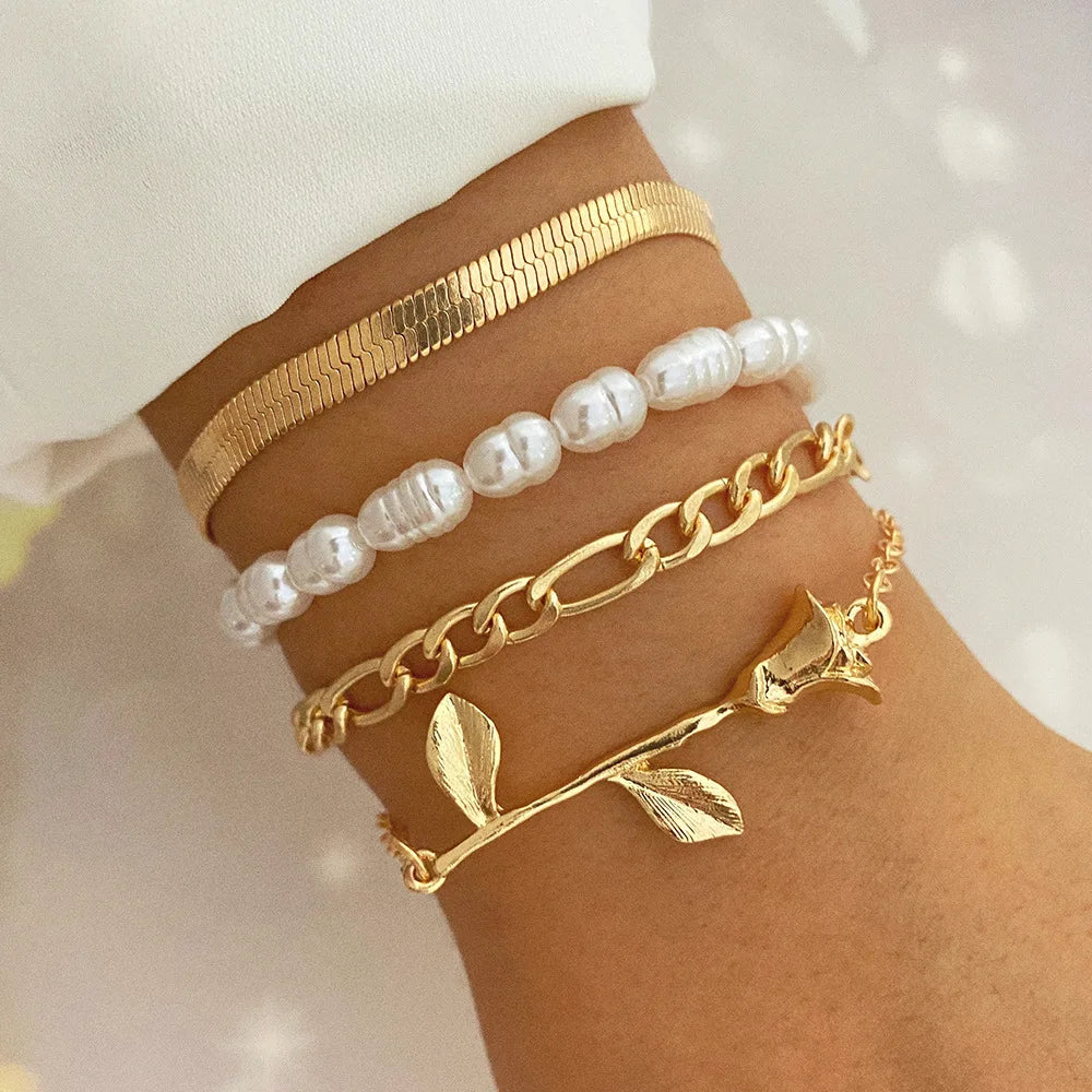 4pcs/set Irregular Imitation Pearl Bracelet for Women Temperament Flower Snake Chain Bracelets Flower Pearl Cuban Chain Bracelet