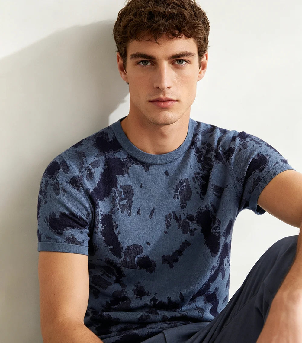 Wholesale Spot Custom Men's Large Size Jacquard Tie-Dye Summer Short-Sleeved T-Shirt Knitted Flat for Polo Shirt Custom  Logo