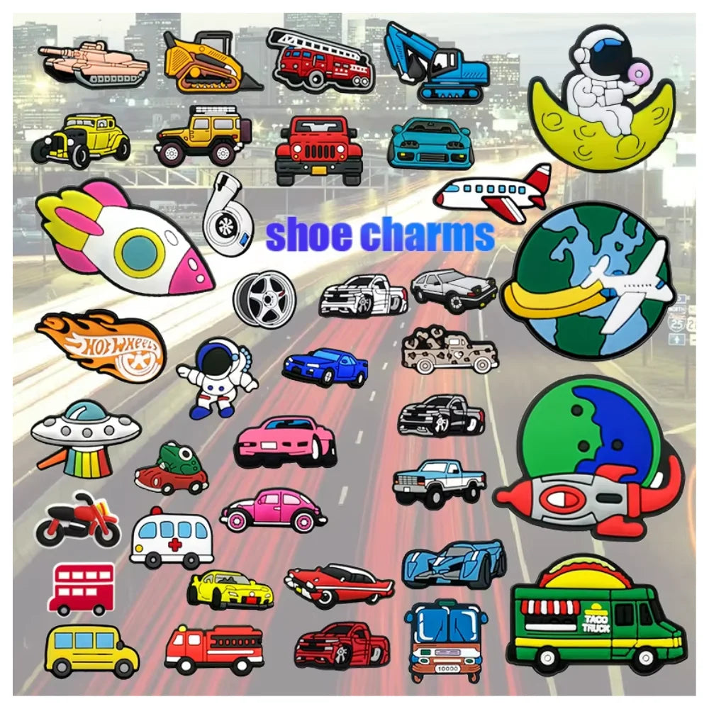 Wholesale Custom Transportation Vehicles Clog 2D PVC Accessories Race Car Bicycle Airliner Earth Astronaut Shoe Charms