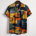New Fashion Men Summer Ethnic Printing Flax Bohemia Button Lapel Short Sleeve Tops Blouse Casual Beach Shirt