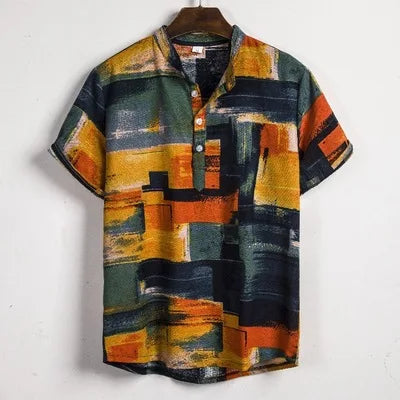 New Fashion Men Summer Ethnic Printing Flax Bohemia Button Lapel Short Sleeve Tops Blouse Casual Beach Shirt