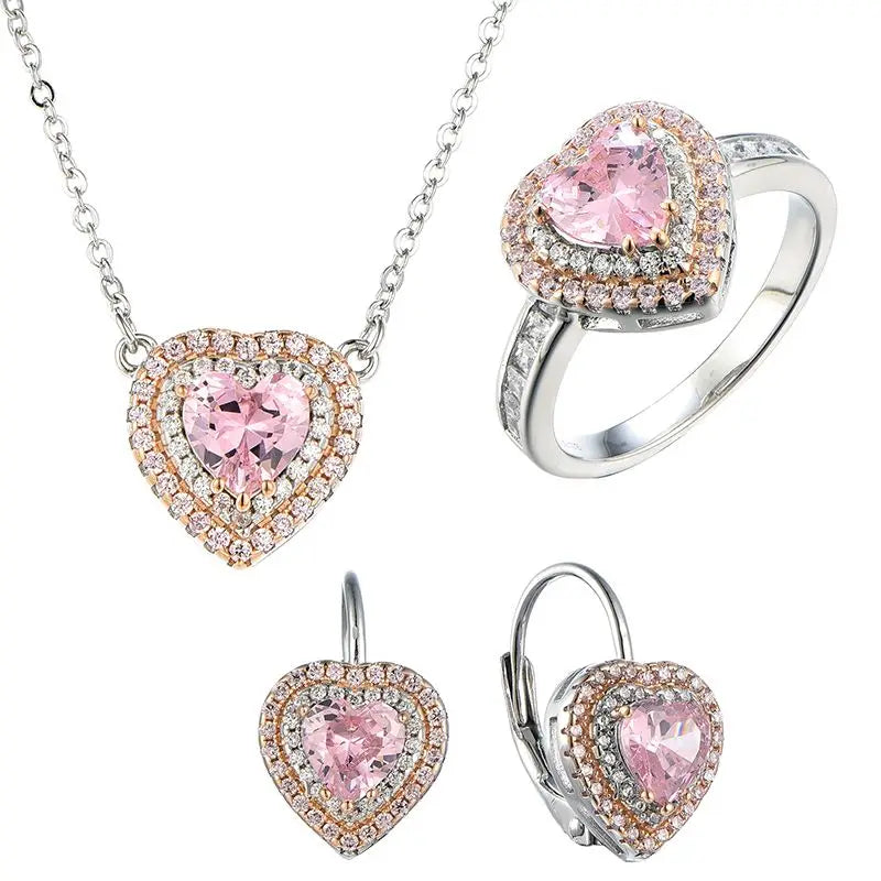 Custom Color Stone Pink Heart Shape 925 Sterling Silver Double Zircon Halo Jewelry Set