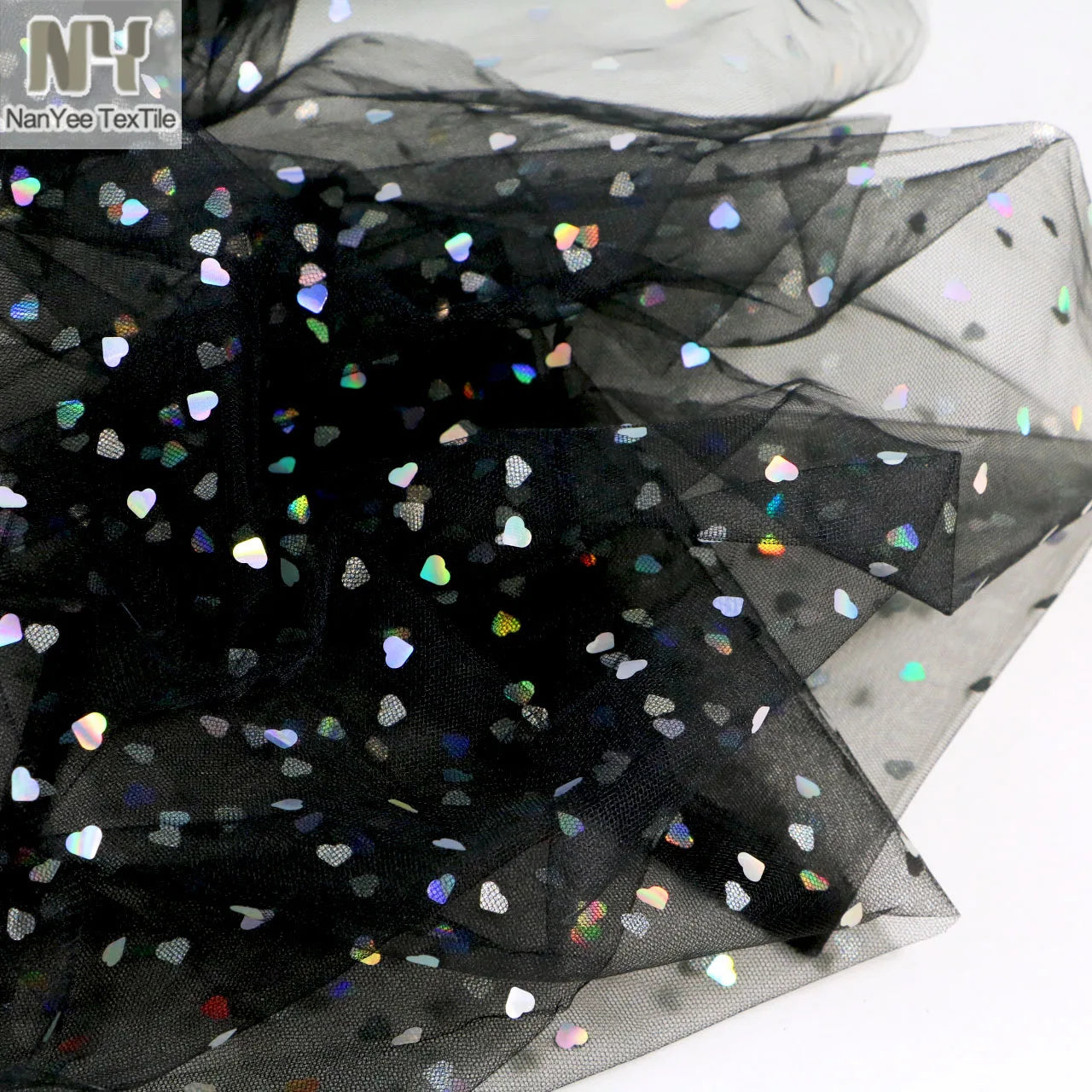 Nanyee Textile Shiny Small Heart Black Tulle Net Fabric for Dress