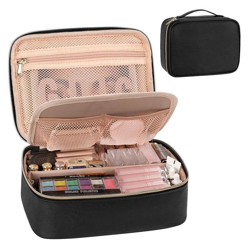 BSCI Factory Custom Logo Women Portable Black Travel Zipper PU Large Capacity Cosmetic Bag Makeup Case Organizer Dividers