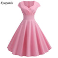 Pink Summer Dress Women V Neck Vintage Robe Elegant Retro Pin up Party Office Midi Dresses Vestidos