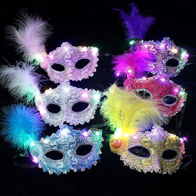 Baige Carnival Princess Glow Feather Masks Painted Lace Feather Mask Party Dance Glow Mask for Women