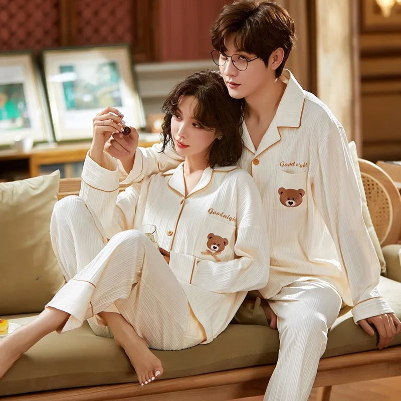 Cute Pattern Couple Pajama Set Cotton Long Sleeve Homewear Lovers Pajama Set for Couple