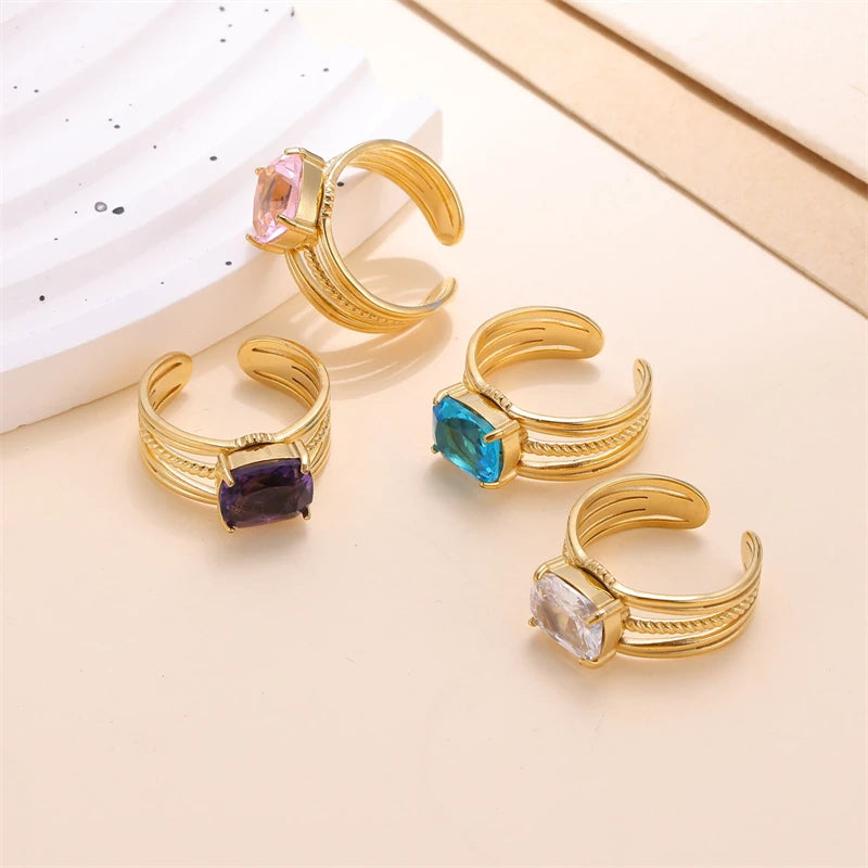 In-Stock Inoxydable Colorful Zircon Rings Custom Adjustable PVD Gold Finger Band Women Stainless Steel Fashion Rings Wholesale