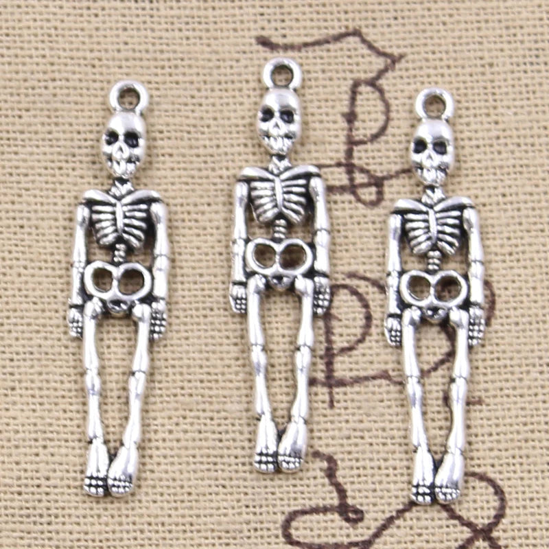 Antique Silver Color Pendants DIY Skull Skeleton Man 39x9mm Craft Making Findings Handmade Tibetan Jewelry