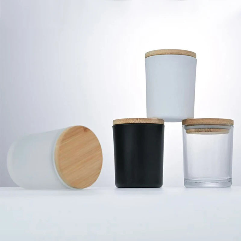Wholesale Transparent White Black Matte Empty Wide Mouth Glass Candle Jar with Wooden Bamboo Lid for Candle Making