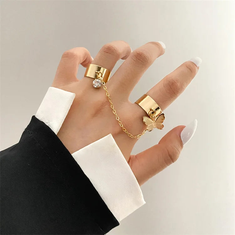 Wholesale Punk Cool Hiphop Chain Rings Multi-layer Adjustable Open Finger Butterfly Crystal Ring Set Man Rings Set