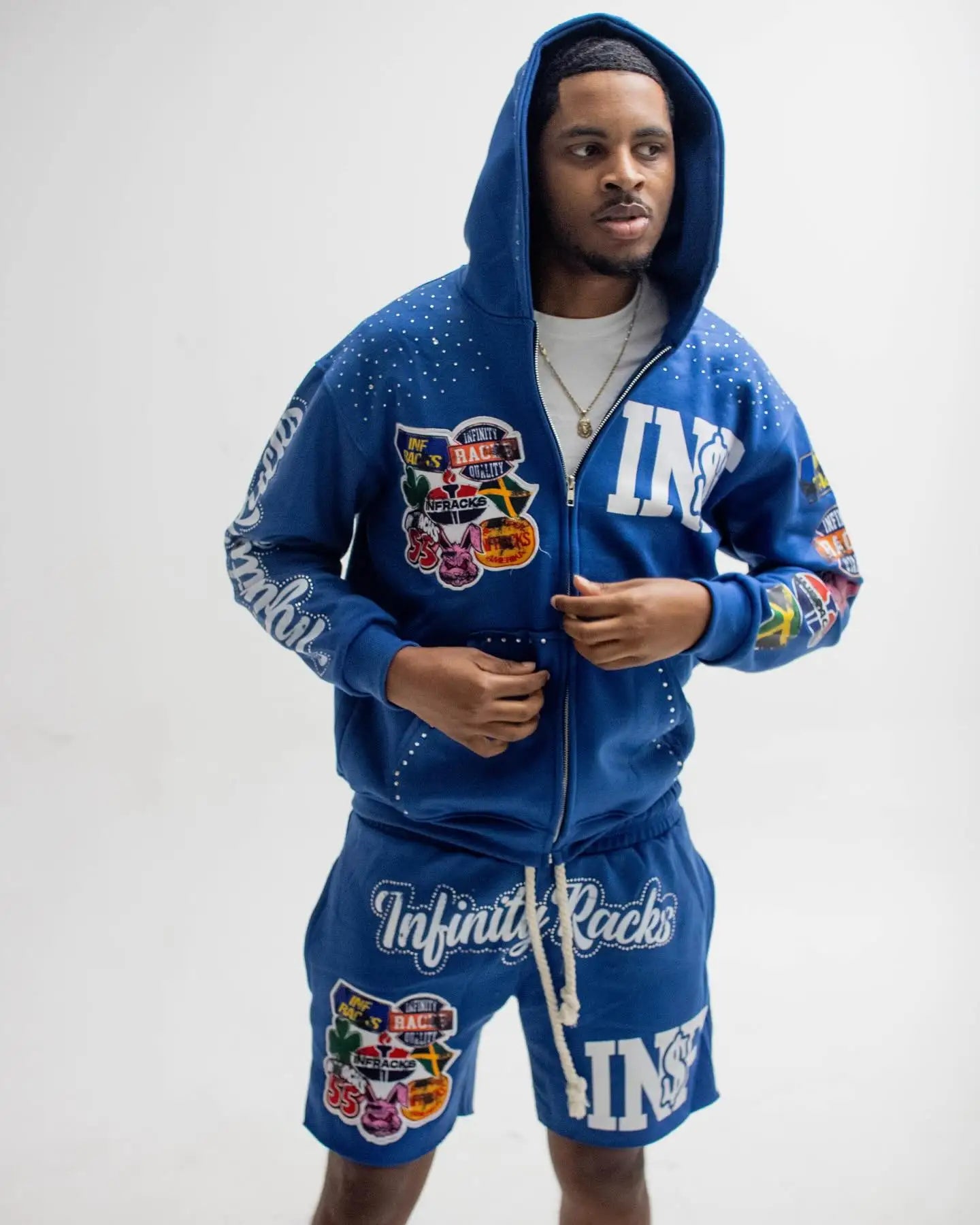 US Free Tax Custom Zipper Embroidered Sportswear Set Men's Screen Print Rhinestone Hoodie and Shorts Sets Sweatsuit