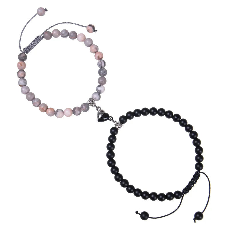Heart Magnetic Couple Bracelets for Women Men Jewelry His and Her Friendship Adjustable Stone Beaded Bracelet