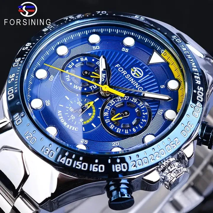 Forsining  New Luxury Fashion Men Automatic Blue Sports Watch Stainless Steel Band Waterproof Clock Mechanical Business