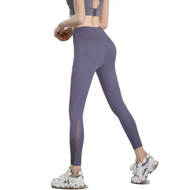Women's High Waist Exercise Workout Pants Hip Lifting Legging with Mesh Solid Pattern Tight Fit