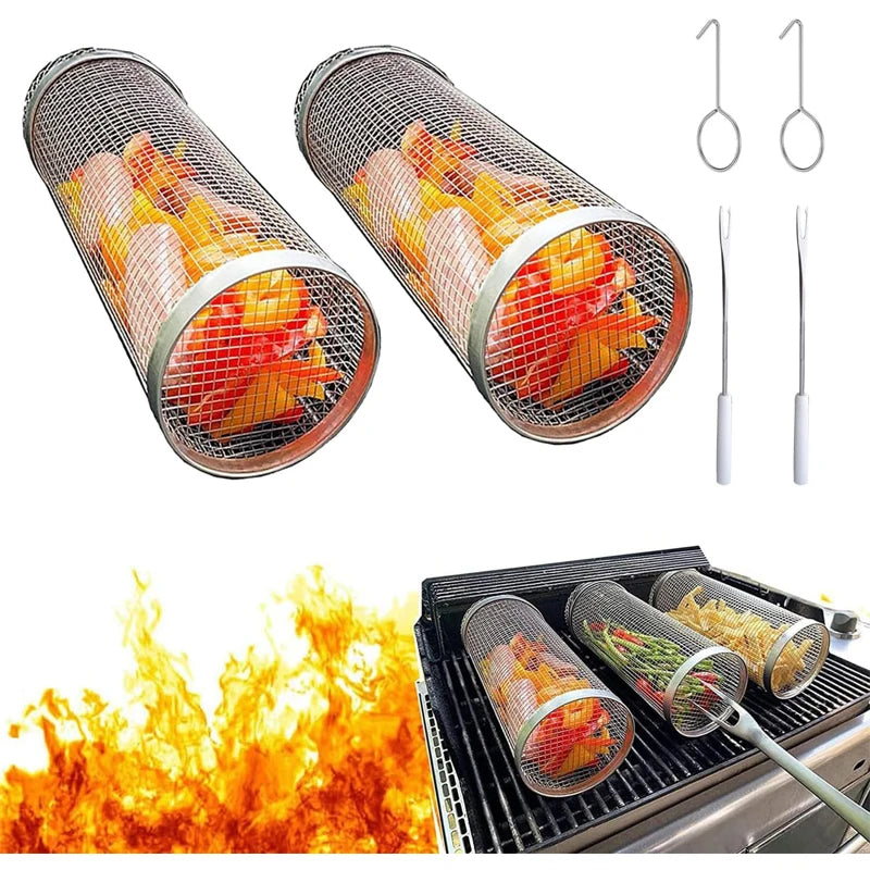 New Style Rolling Grill Baskets Round Grill Rack Stainless Steel BBQ Grill Mesh for Outdoor Barbecue Camping